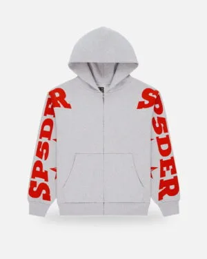 Spider Logo Sleeve Zip Red Hoodie Gray - Grey
