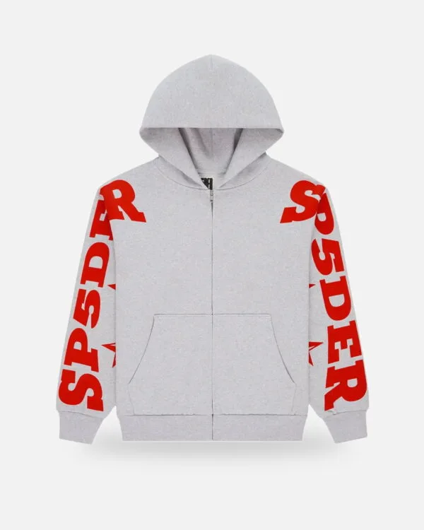Spider Logo Sleeve Zip Red Hoodie Gray - Grey