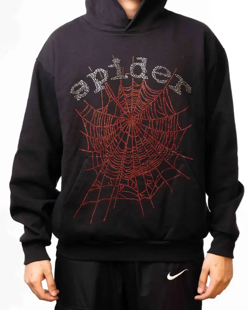 Spider Og Rhinestone Logo Outfit Hoodie Black, front view