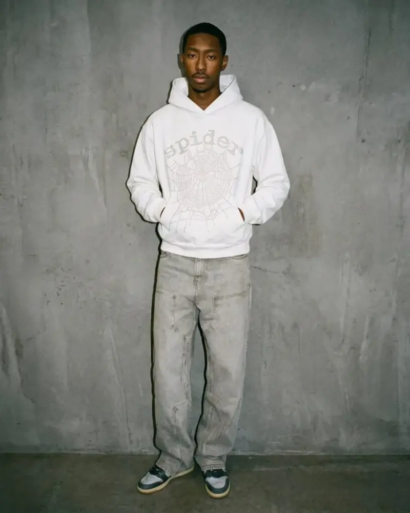 Spider Og Rhinestone Logo Outfit Hoodie White, front view