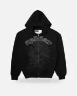 Spider OG Web V2 Rhinestone Zip Up Hoodie Black, front view