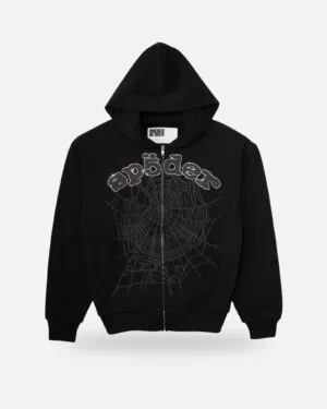 Spider OG Web V2 Rhinestone Zip Up Hoodie Black, front view