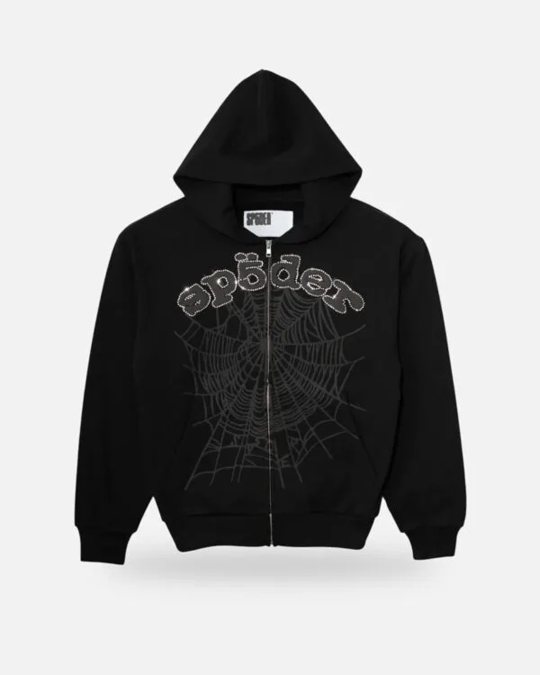 Spider OG Web V2 Rhinestone Zip Up Hoodie Black, front view