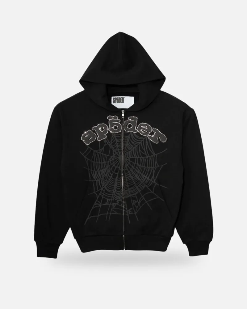 Spider OG Web V2 Rhinestone Zip Up Hoodie Black, front view